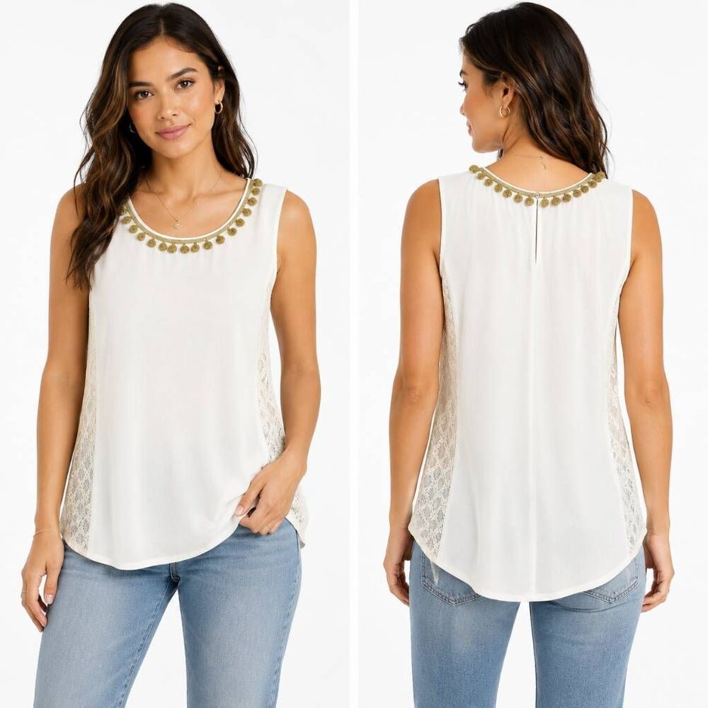 Esley Brand White Lace Sides Tassle Shell Blouse LARGE NWT